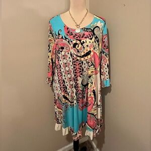 Paisley Grace Dream Dress Colorful Pattern with ruffle hem & 3/4 sleeve, Large